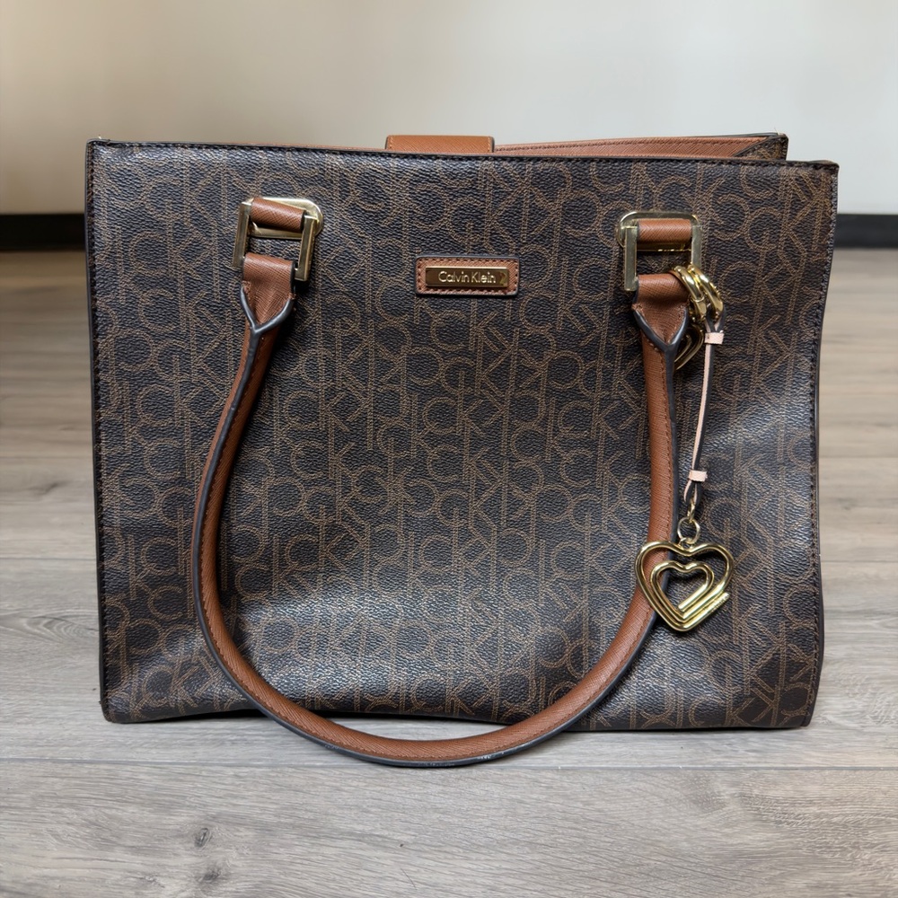 Calvin Klein Brown Monogram Satchel Tote w/ Gold Heart Charm